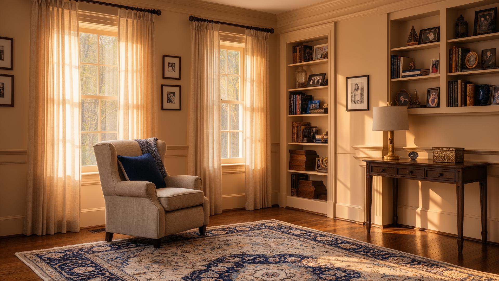 A warm traditional Midwest living room in afternoon light
