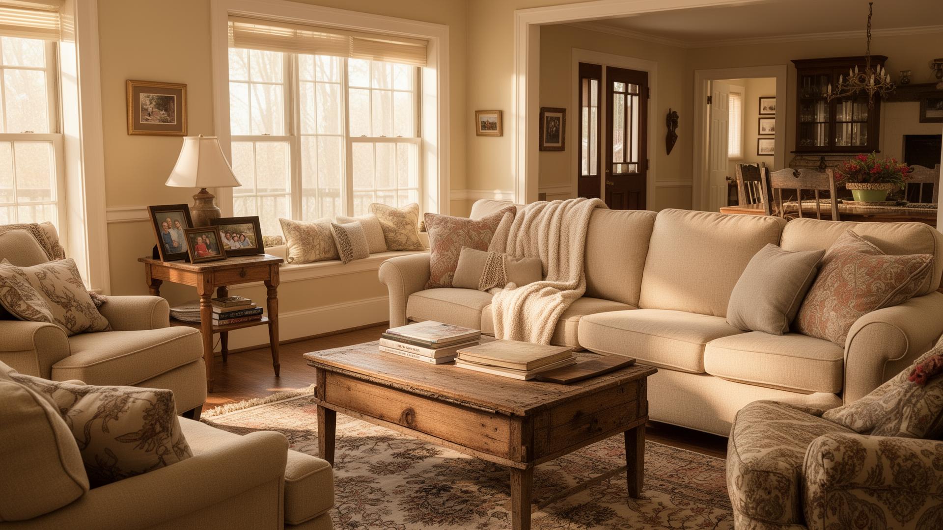 A warm traditional Midwest living room in afternoon light